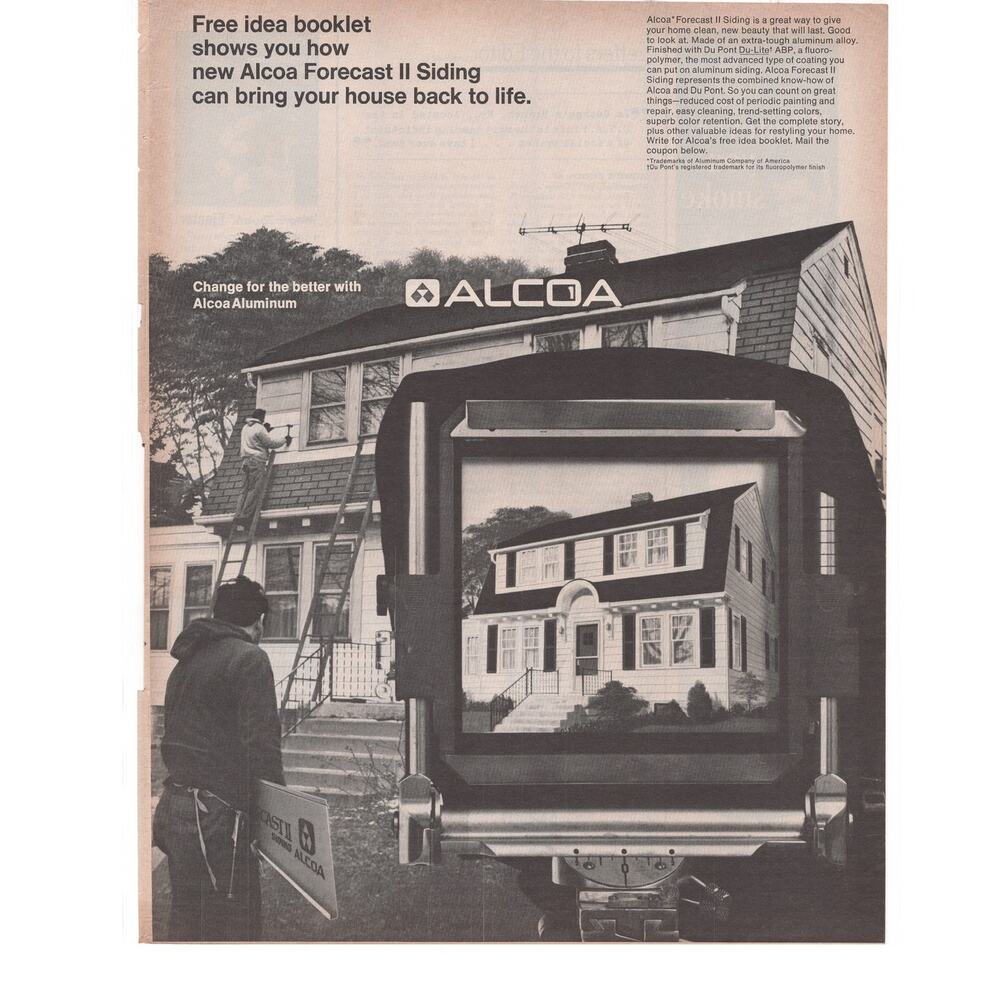 ALCOA Aluminum Siding Advertisement Vintage 1969 Home Improvement House MCM B&W